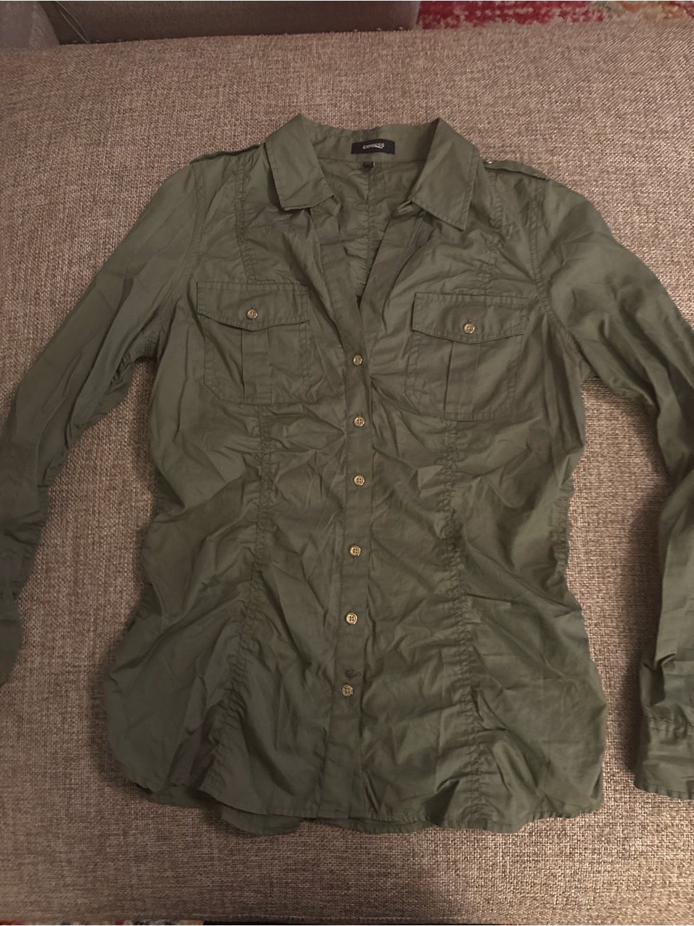 Express Olive Green Utility Button Up Ruched Safari Military Shirt Blouse M